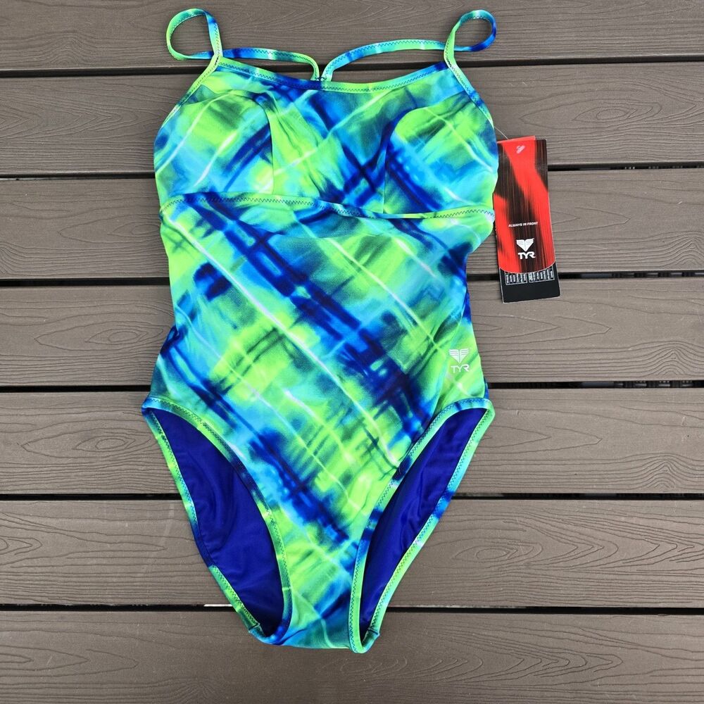 TYR Swimsuit Womens Blue/green Baja Plaid Reversible Diamondfit Sz S New